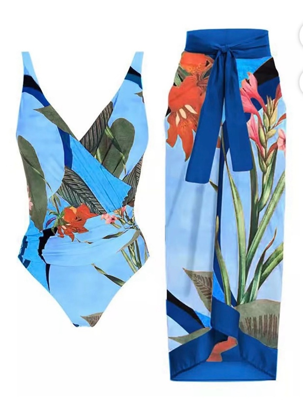 Swimsuit Cover Up Set Flower Printed Slimming Bathing Suit Tie Up Long Skirt